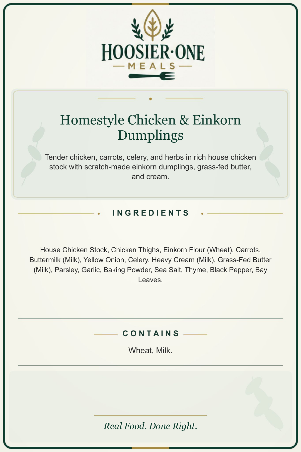 Hoosier One product information — Homestyle Chicken & Einkorn Dumplings — 013f46565975