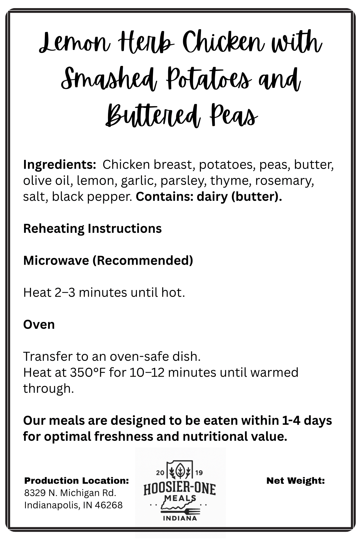 Lemon Herb Chicken with Smashed Potatoes & Buttered Peas