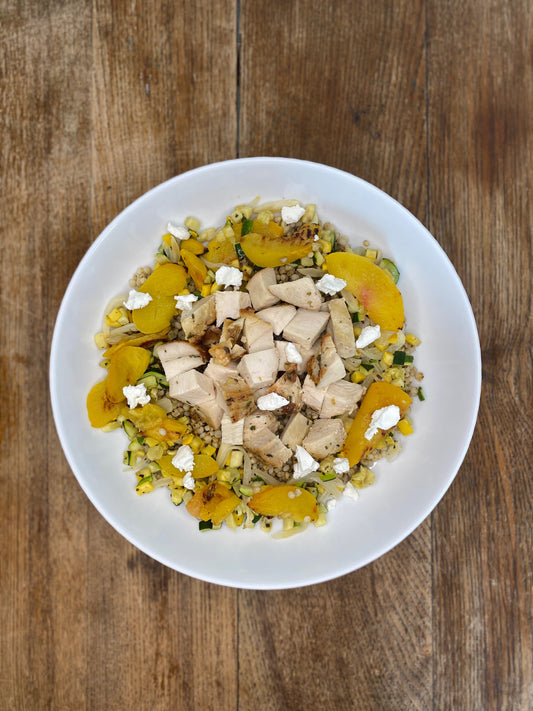 Peach and Burrata Summer Salad with Basil Pesto Vinaigrette