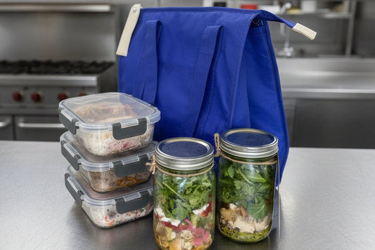 Stack of food containers and jars with a blue insulated lunch bag on a wooden surface.