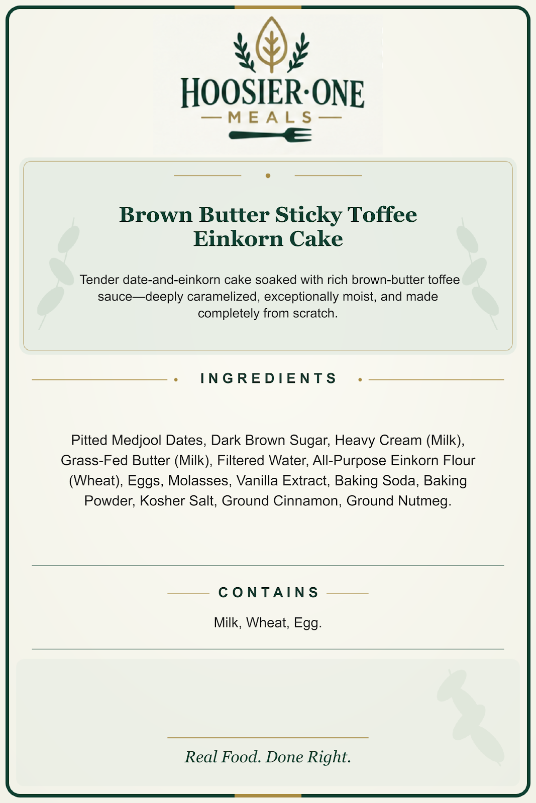 Brown Butter Sticky Toffee Einkorn Cake ingredients and allergen information