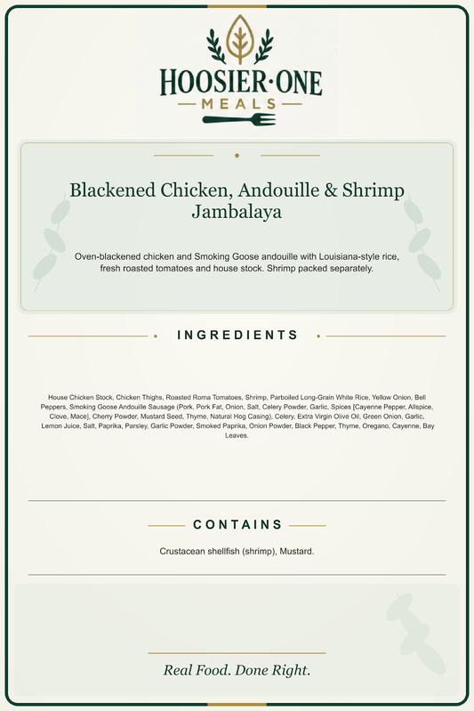 Hoosier One product information — Blackened Chicken, Andouille & Shrimp Jambalaya — 7f96a7f7c928
