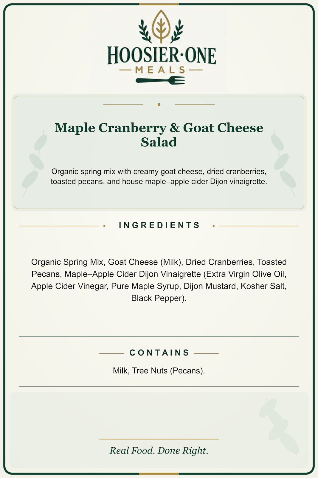 Maple Cranberry and Goat Cheese Salad ingredients and allergen information