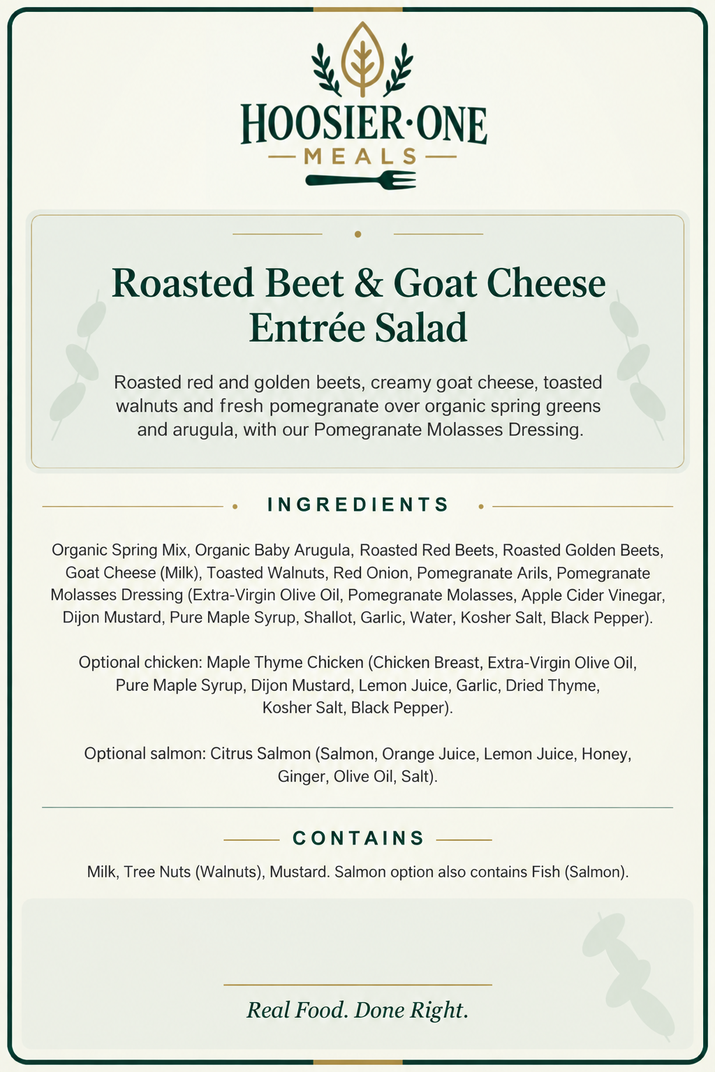 Roasted Beet & Goat Cheese Entrée Salad — ingredients and allergens for the vegetarian, Maple Thyme Chicken and Citrus Salmon options.