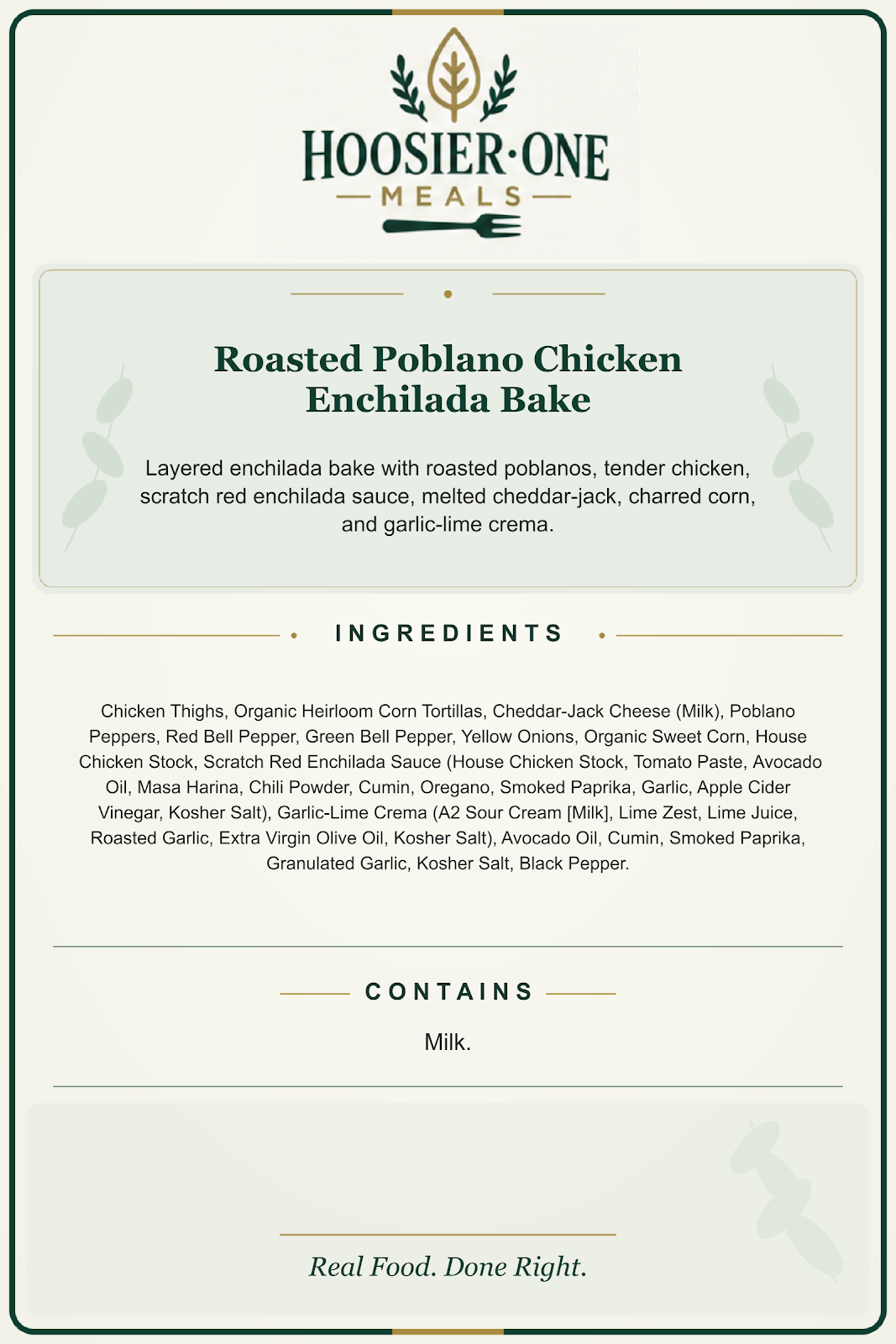 Roasted Poblano Chicken Enchilada Bake ingredients and allergen information