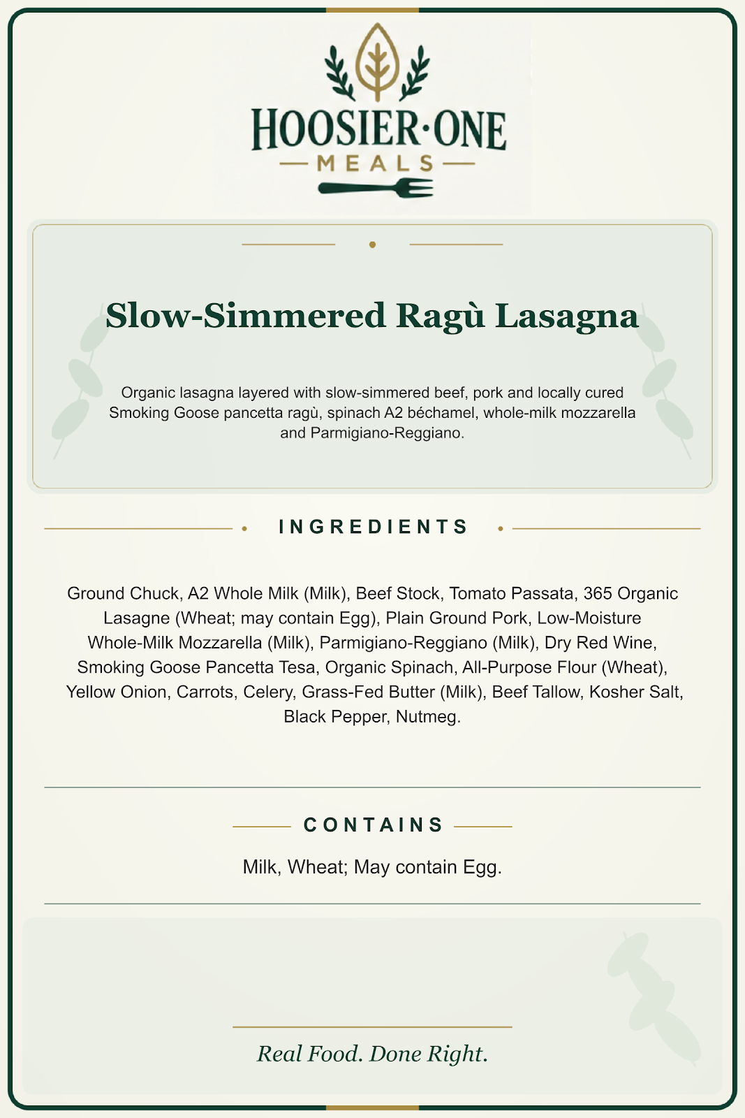 Slow-Simmered Ragu Lasagna ingredients and allergen information