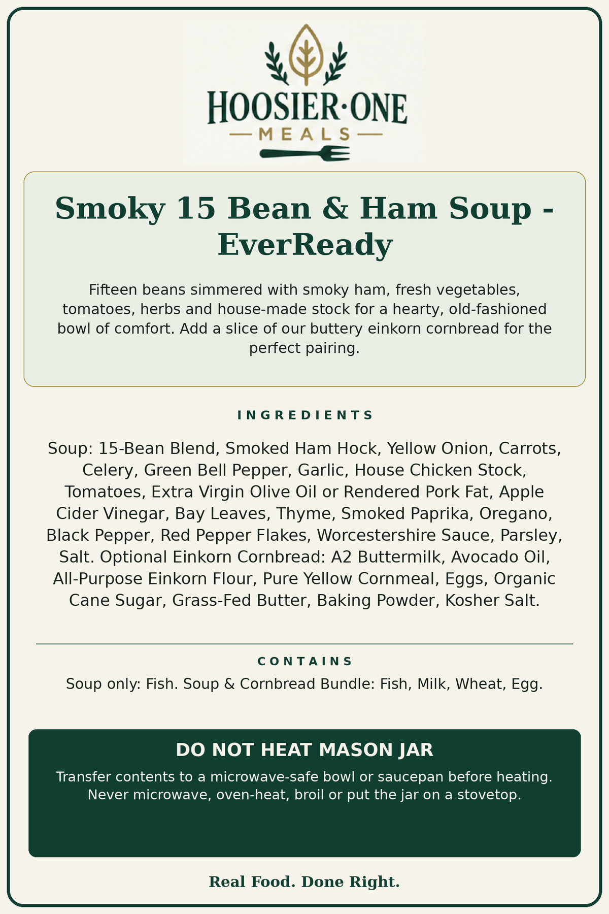 Hoosier One ingredient label — Smoky 15 Bean & Ham Soup - EverReady — DO NOT HEAT MASON JAR; transfer before reheating